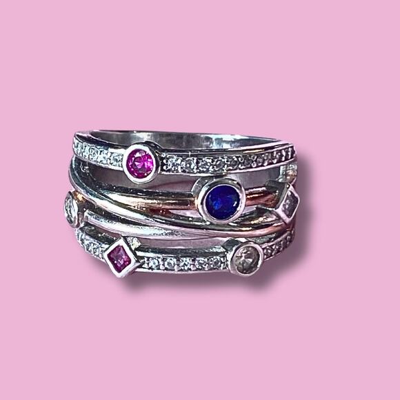 Sterling Silver and lab Created Gemstones Ruby and Safire and ZC size 5.5 - Picture 3 of 5